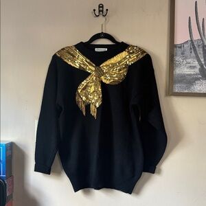 Vintage Eminent Black Lambswool-Angora Gold Beaded Sequin Sweater Medium
